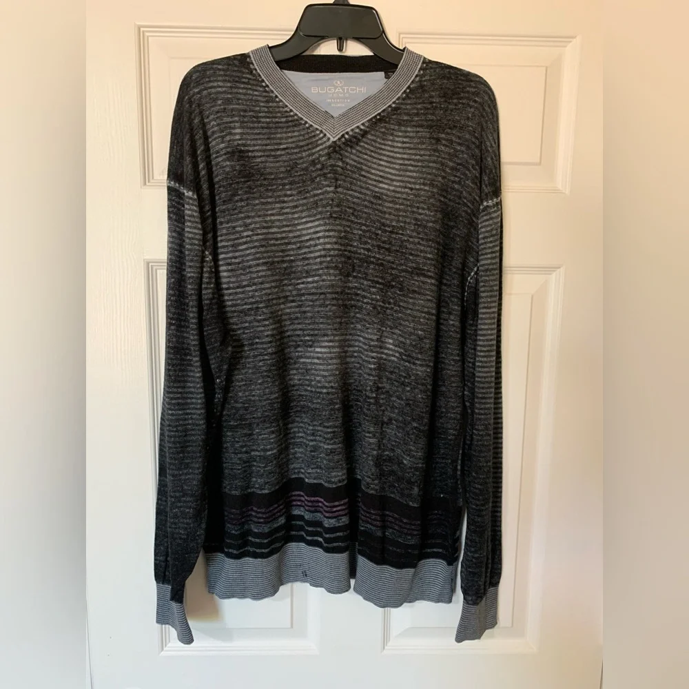 Bugatchi Men's Striped‎ Black and Gray V-Neck Long Sleeve Woven Knit Sweater XXL
